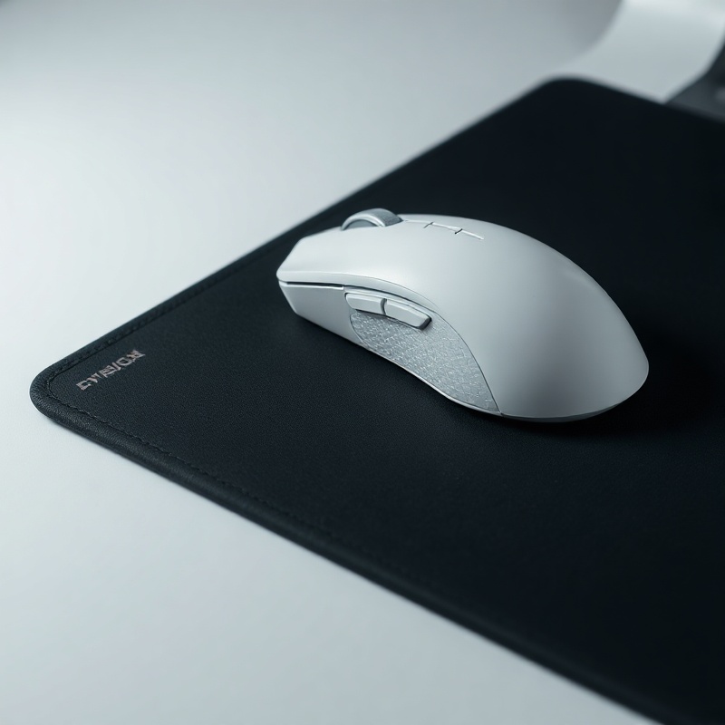 Close-up of a gaming mouse on a textured mousepad with visible lift-off distance markings and a wrist resting in a neutral position